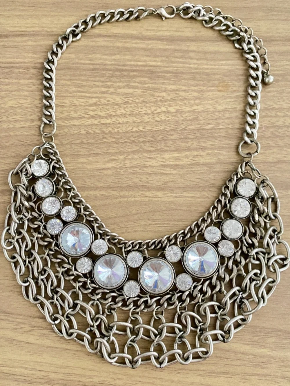 Statement Crystal Multi Chain Bib Necklace Silver Tone Chunky Rhinestone Collar